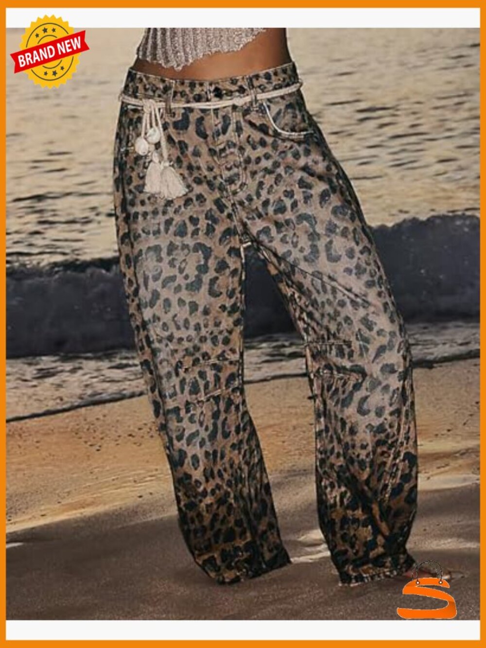 Mid Rise Wide Leg Cropped Barrel Leopard Print Y2k Baggy Denim Pants - Picture 5 of 7
